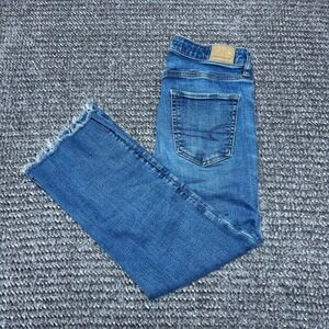 American Eagle Womens Kick Boot Crop Jeans 4 Short Blue Frayed Raw Hem Denim